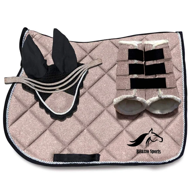 HORSE ENGLISH COTTON SADDLE PAD WITH MATCHING BELL BOOT TENDON BOOT & FLY VEILS MATCHING SET CUSTOMIZATION ACCEPTED
