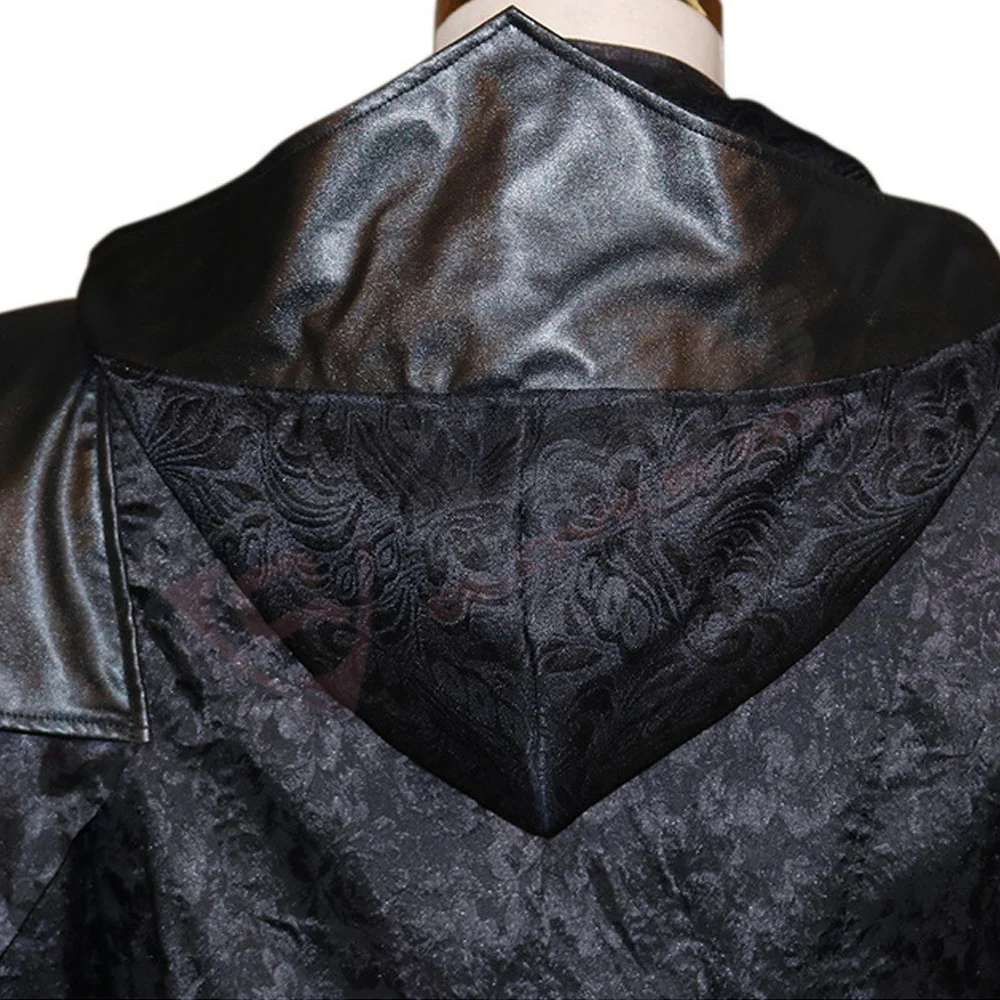 Ladies Plus Size Vintages Medieval-Steampunk Gothic Breathable Black-Halloween Longed Cosplay-Hooded Leather Coats
