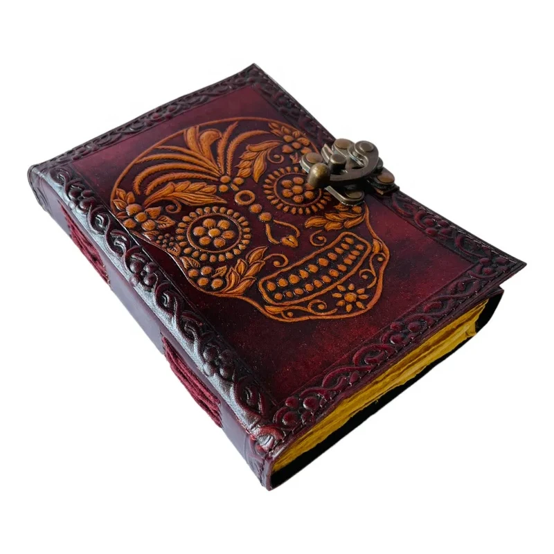 Day Of Dead  vintage leather book of spells Celtic wiccan journals for writing Brown Charcoal handmade embossed deckle Art paper