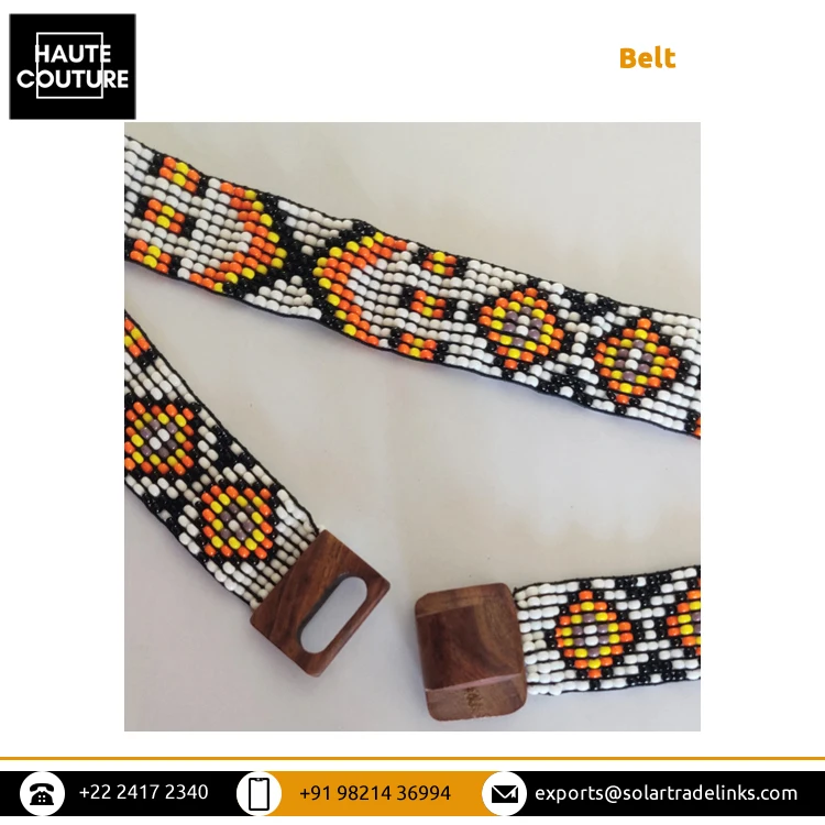 Latest New Design Handmade Beaded Belts for Women Ladies Casual Wear Elasticated Hand Embroidered Belt with Wooden Buckle