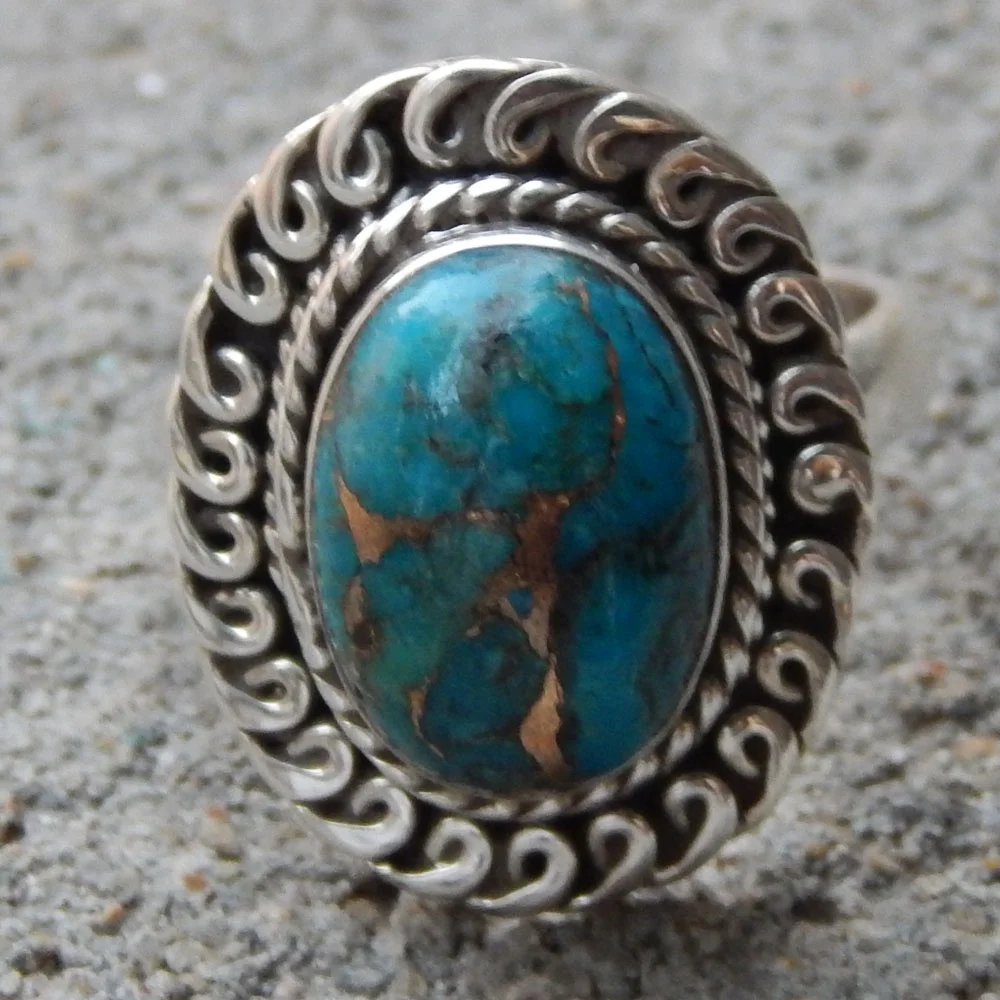 Handmade Designer 925 Solid Sterling Silver Ring Oval Cut Blue Copper Turquoise Gemstone Ring For Woman