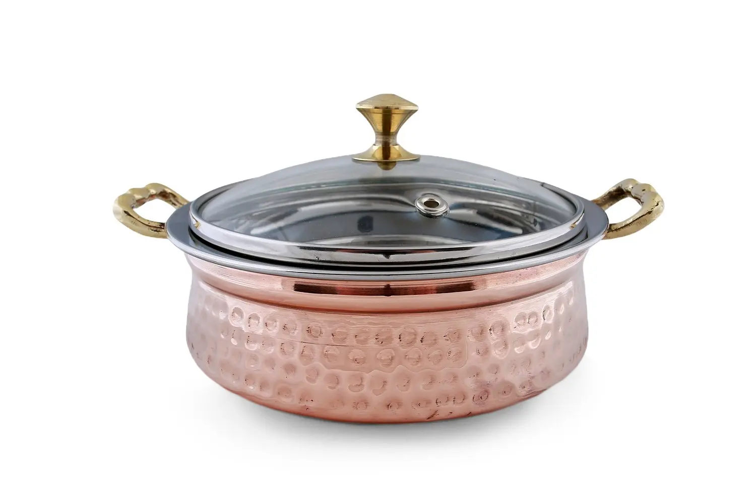 2024 Top Premium Quality Seller Indian Traditional Serveware  Hammered Copper Stainless Steel Serving Handi with Glass Lid Cover