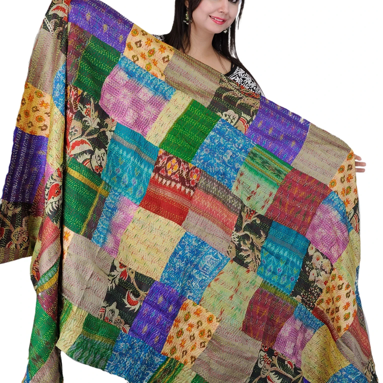 Indian vintage silk sari kantha patchwork reversible scarves/shawls/neck wrap for women and girls