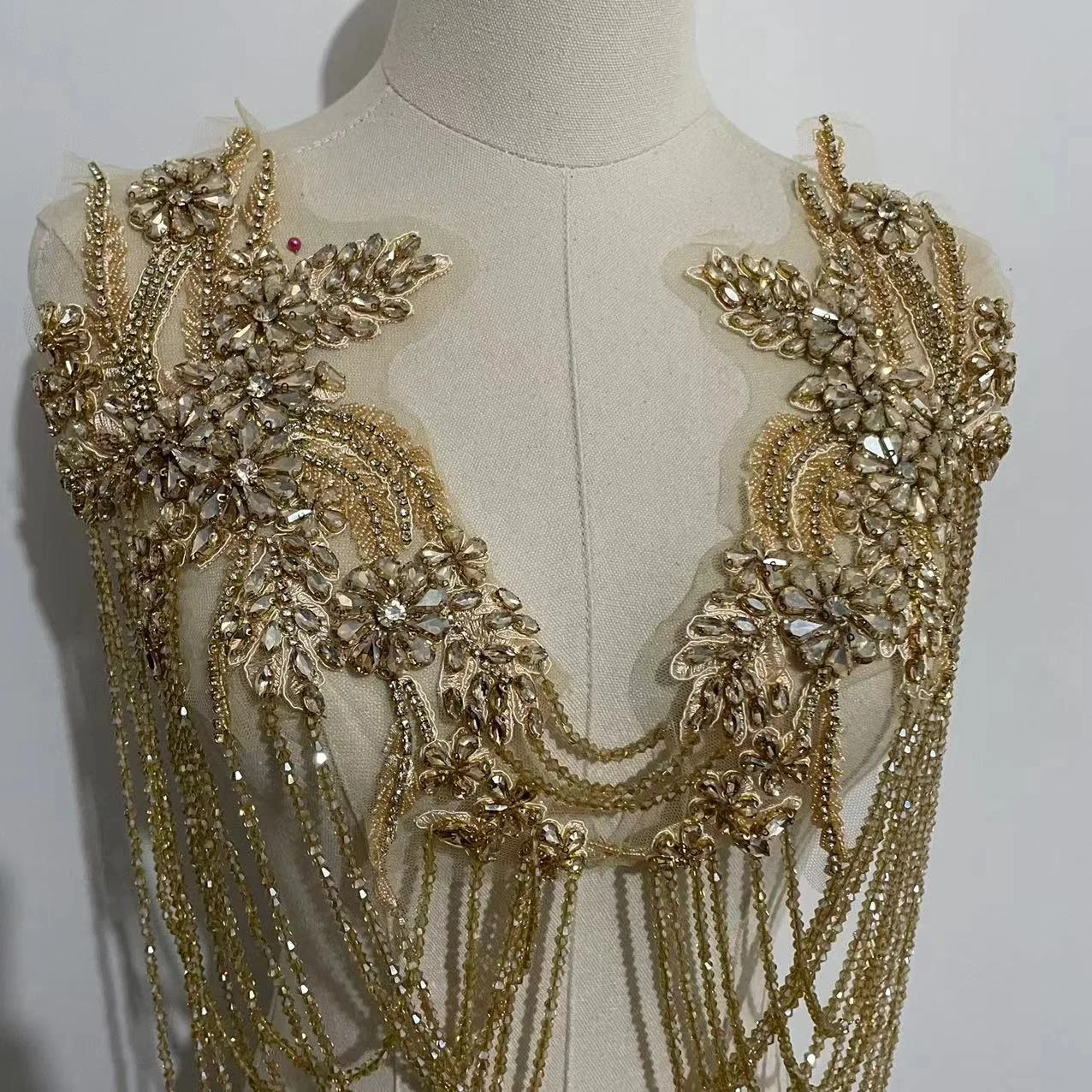 Exquisite Gold Rhinestone Big Bodice Applique, Front/ back V collar body covered encrusted crystal beaded lace patches