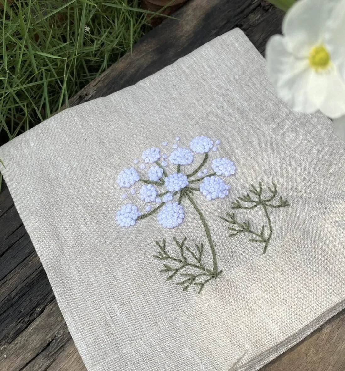 Rustic Natural Linen Handkerchief Personalized Hand Embroidered Spring Blooms Wildflowers Square Tablecloth Cloth Napkins