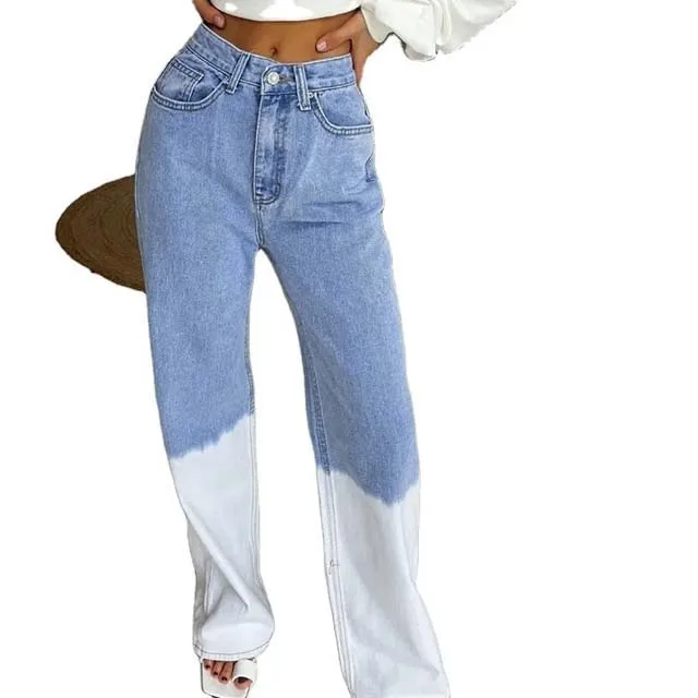 Two Color Plain Dyed Loose Woman Jeans Casual Pants Denim Fabric With Side Pockets 100% Cotton Straight Woman Jeans Pant 2023