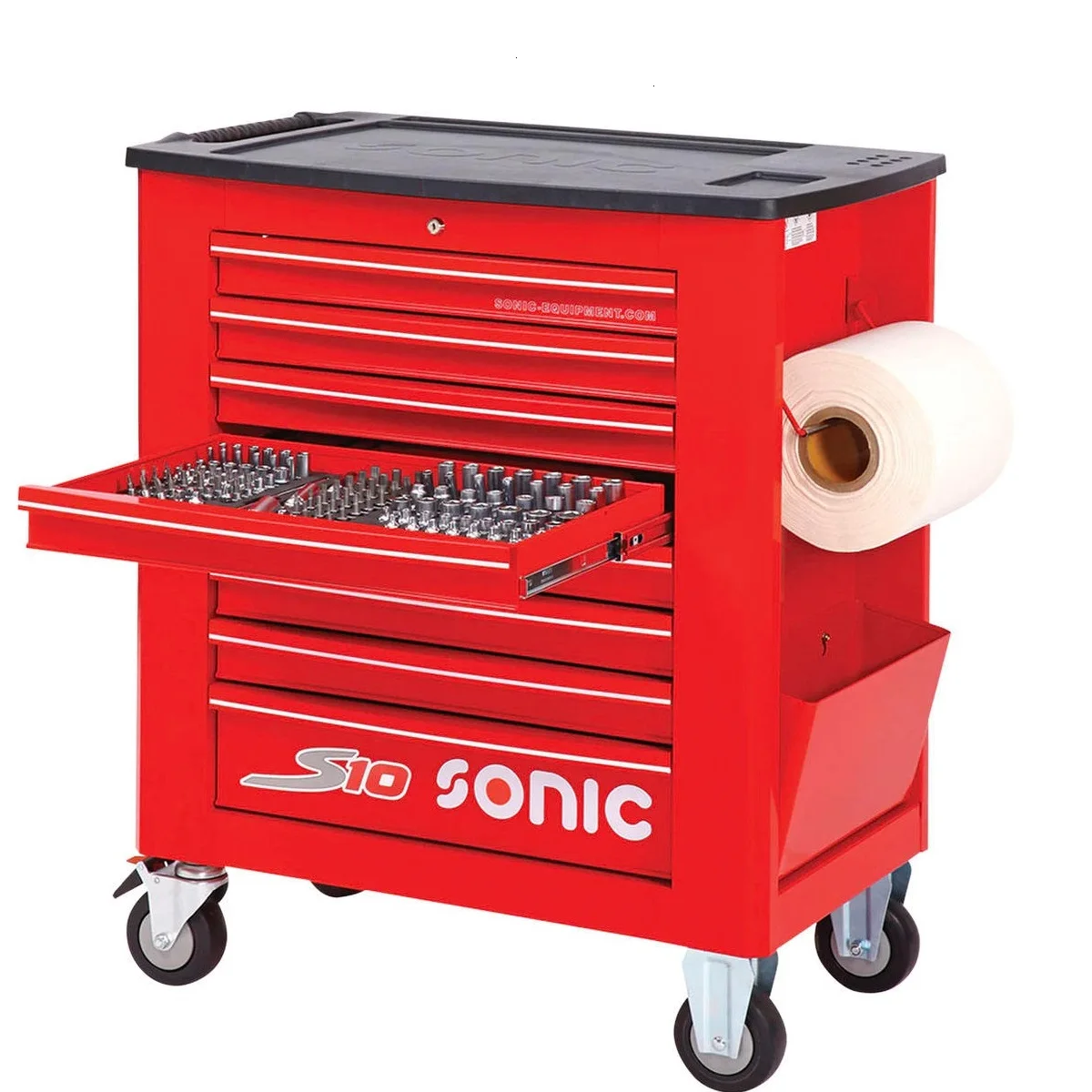 Best Quality SONIC Top S10 8-Drawer Trolley New Black Iron Tool Box with 328PCS Tools for Storage 878mm Width Top Export Choice