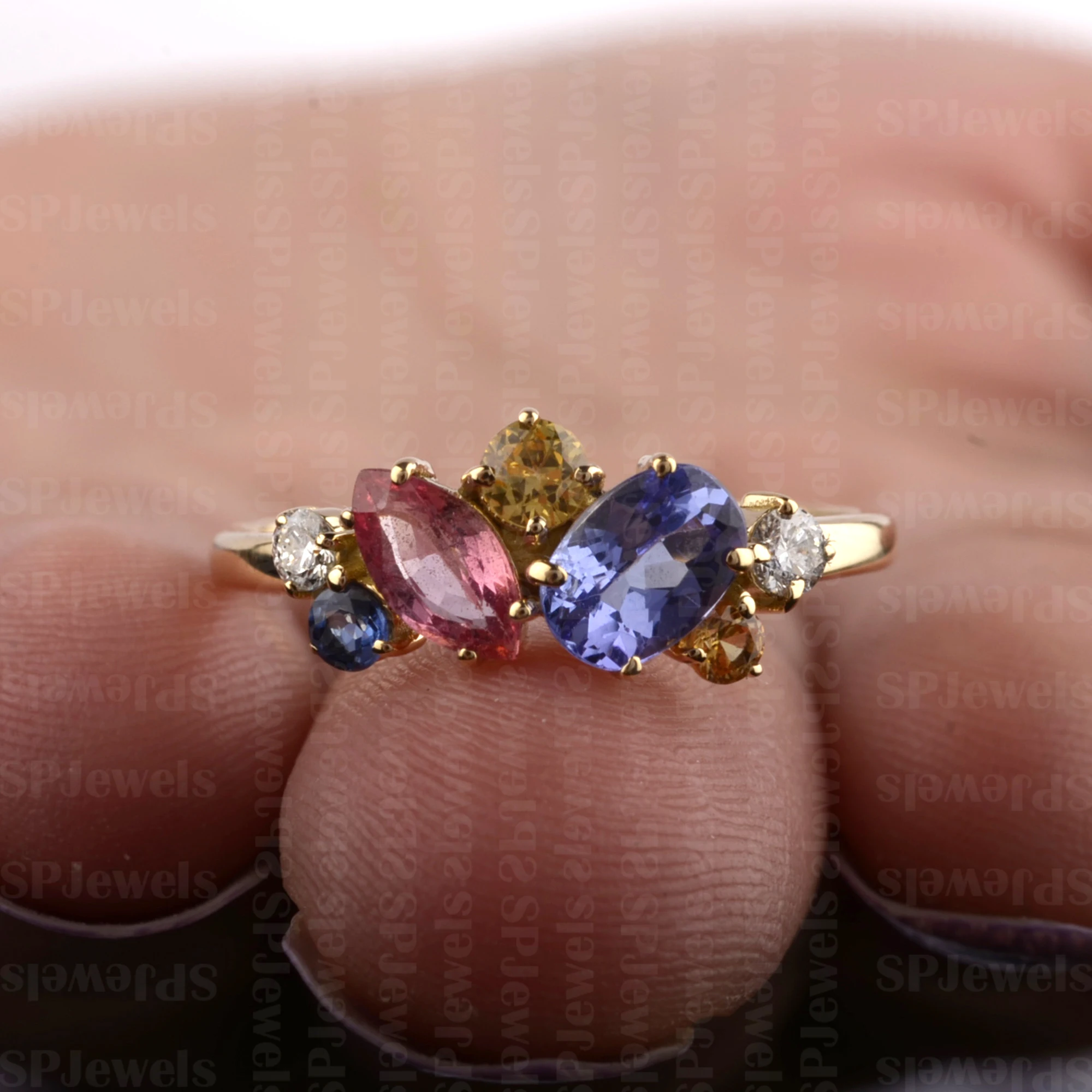 Trendy Multi Stones Rings Solid 18K Yellow Gold Unshaped Design Natural Gemstone SI G-H Diamond Wedding Ring Available for Ship