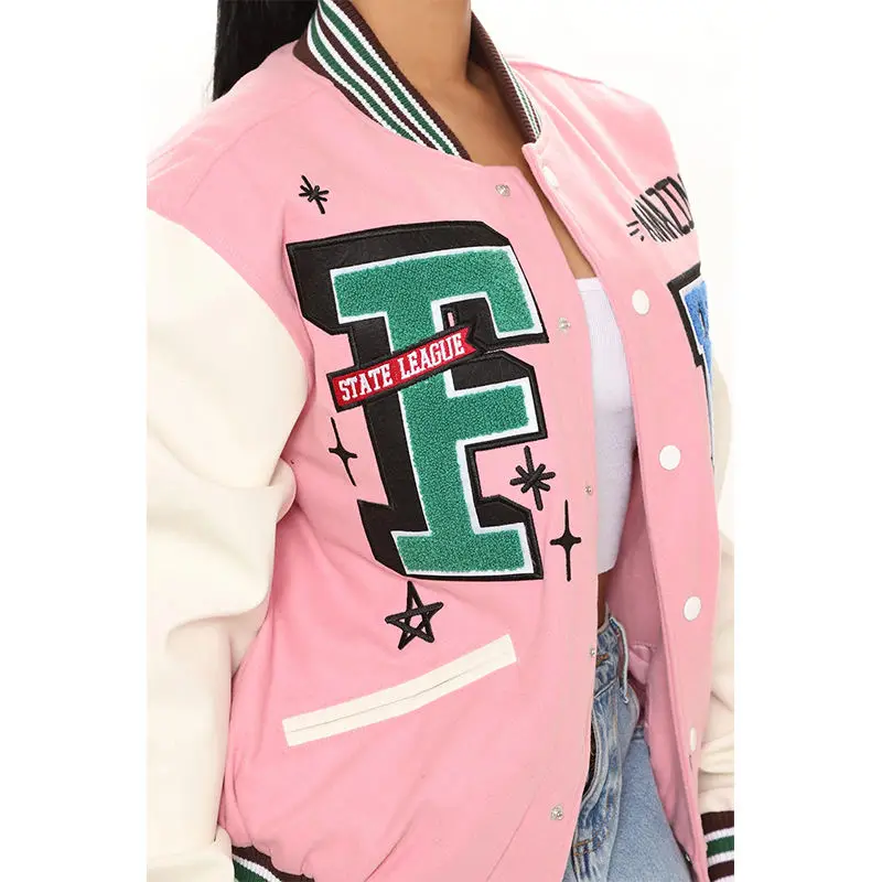 Best Manufactures & Supplier Custom Leather Sleeve Women Varsity Jacket Contrast Color Stand Collar Ladies Varsity Jackets