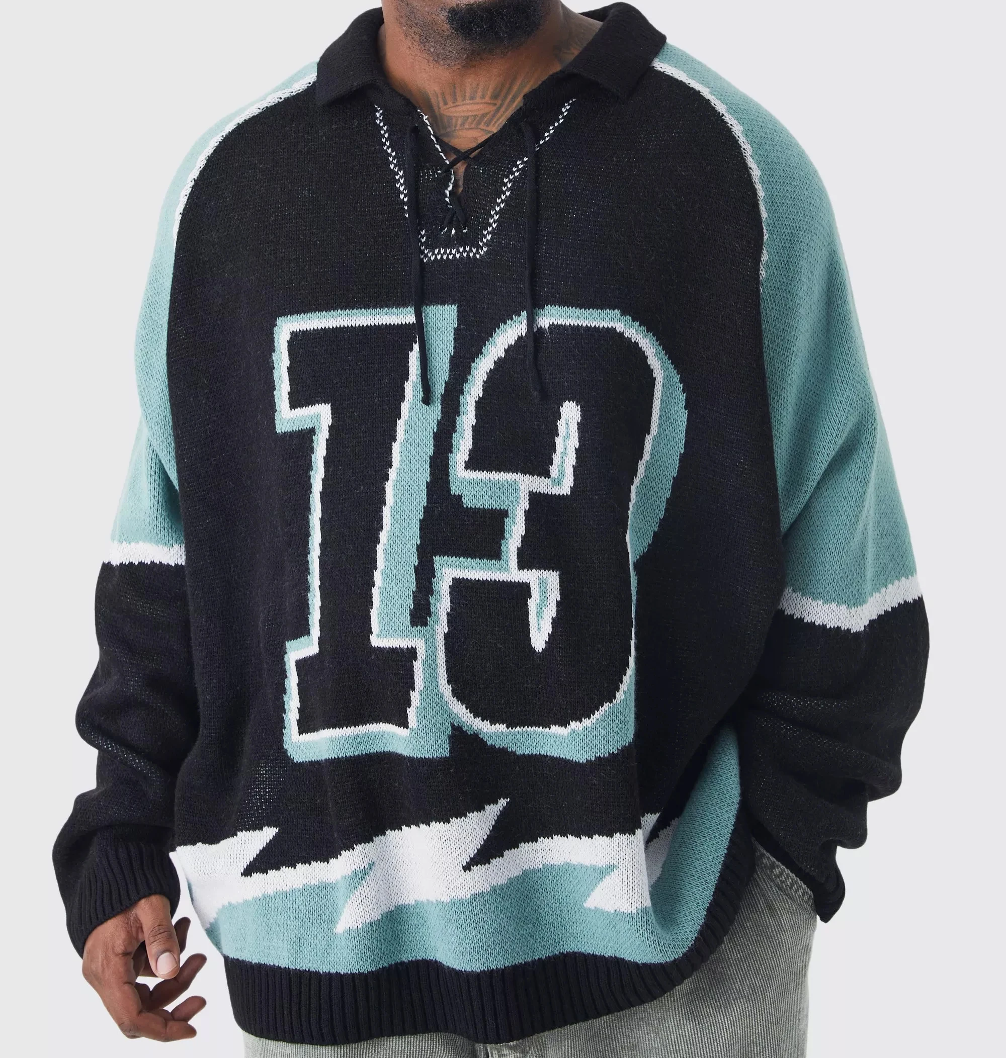 PLUS OVERSIZED LACE UP HOCKEY JUMPER WHOLESALE CUSTOM KNITTED LOGO EMBROIDERED CUSTOM PRINTED