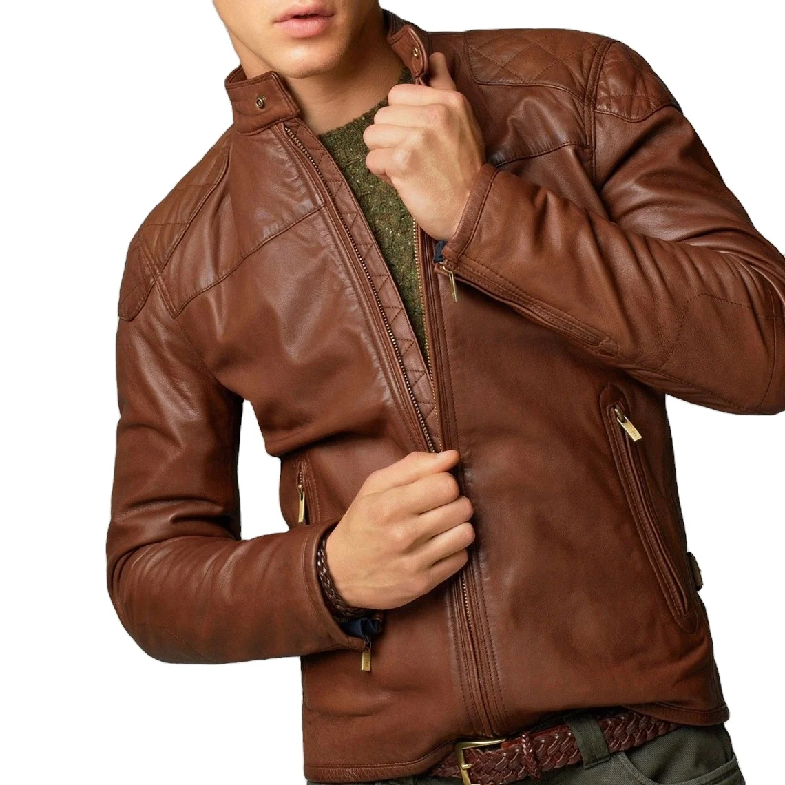 Mens Cafe Racer Brown Leather Jacket Soft Lambskin Aniline Leather Custom Lining Snap Tab Collar Zip Pocket Black Leather Jacket