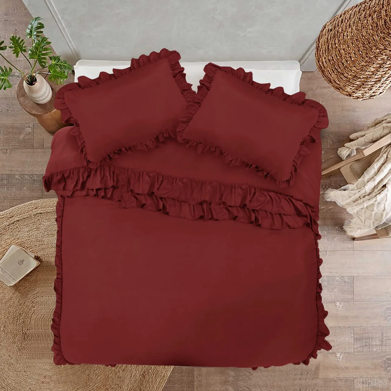 New Design custom made Ruffled style Burgundy Duvet set Microfiber duvet cover custom OEM ODM solid color for bedroom