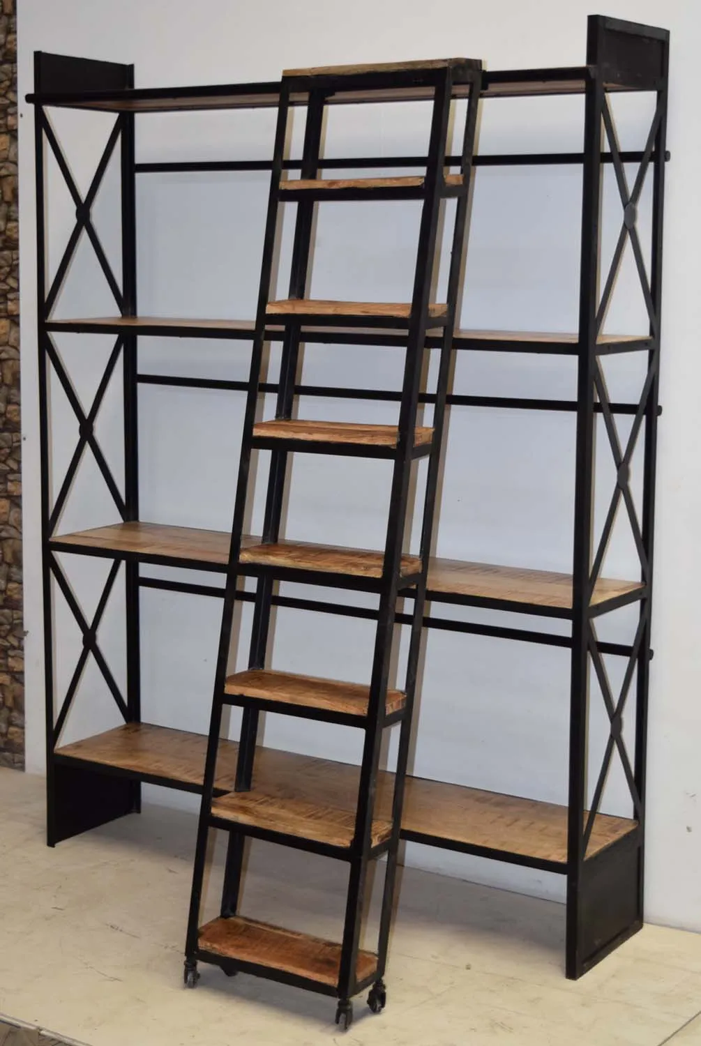 Morden design Multi-layers industrial wooden iron display bookcase bookshelf with ladder Direct from manufacturer