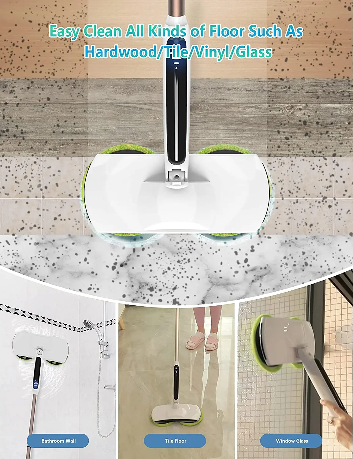 Электрическая швабра с Моторизованными двойными вращающимися насадками, дисплей аккумулятора, светодиодный прожектор, легкая, 4 подушечки из микрофибры и 2 чистящих Па