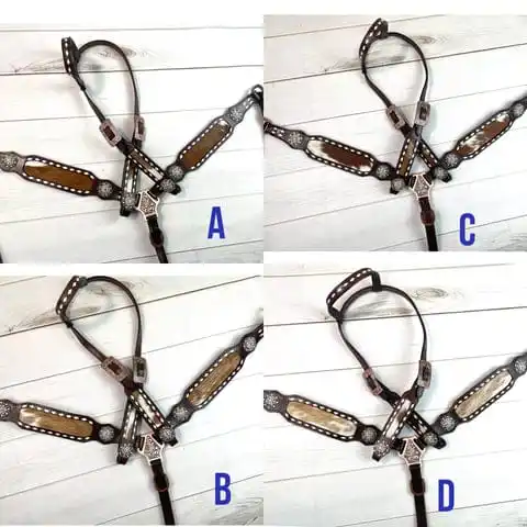 Cowhide on Dark Leather with Buckstitch crystal concho set Premium Cowhide lightweight seasonal horse equipment tack