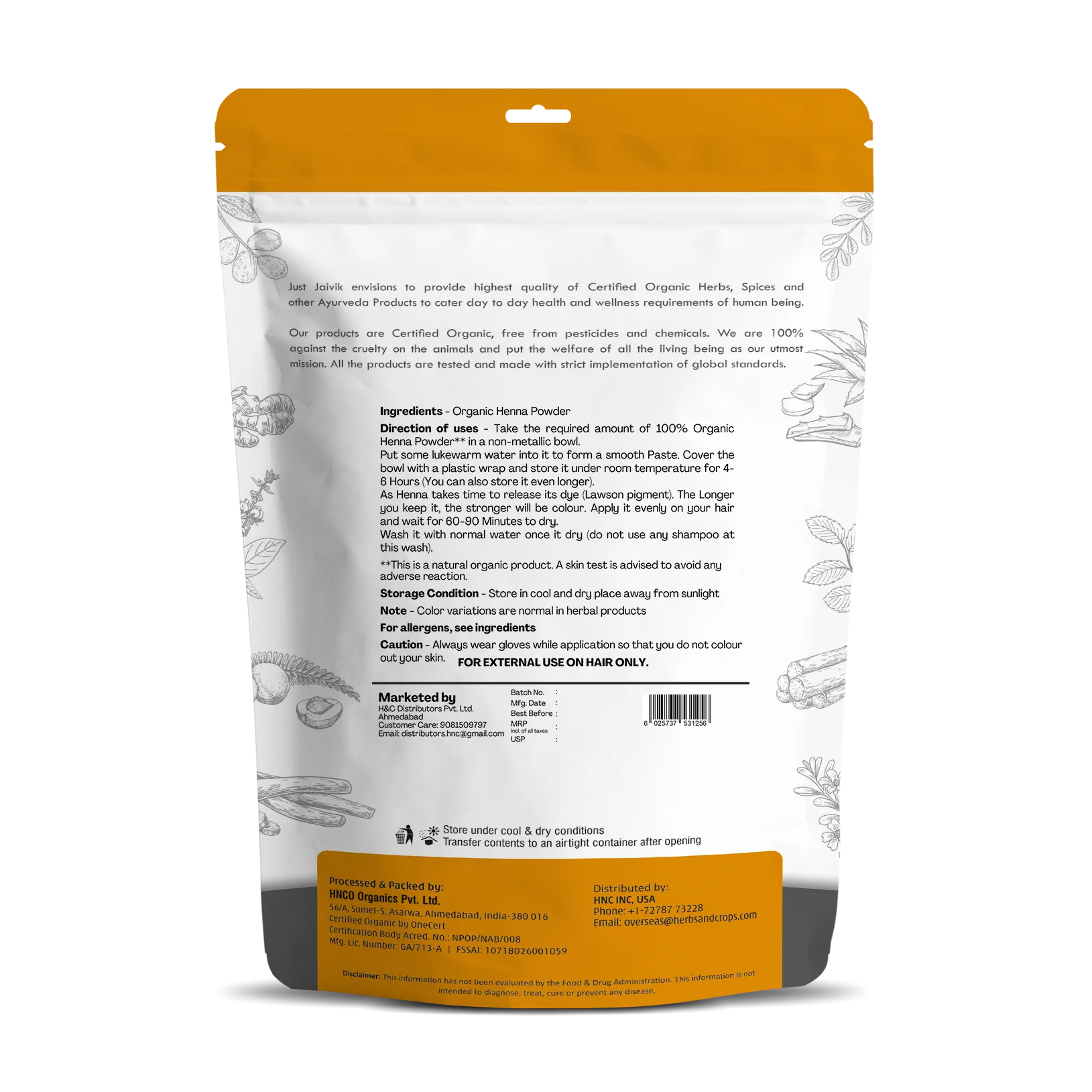 Just Jaivik Organic Henna Powder (Lawsonia Inermis) - 100g Pack