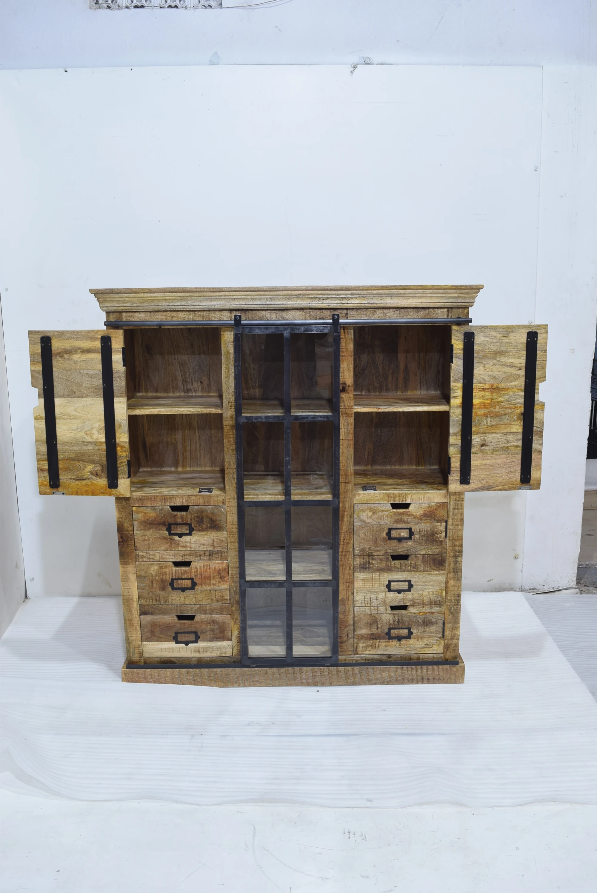 Industrial Design Vintage Style Mango Wood 2 Door Glass Panel Sliding Door Storage Cabinet with 6 Drawers Big Cabinet for Home