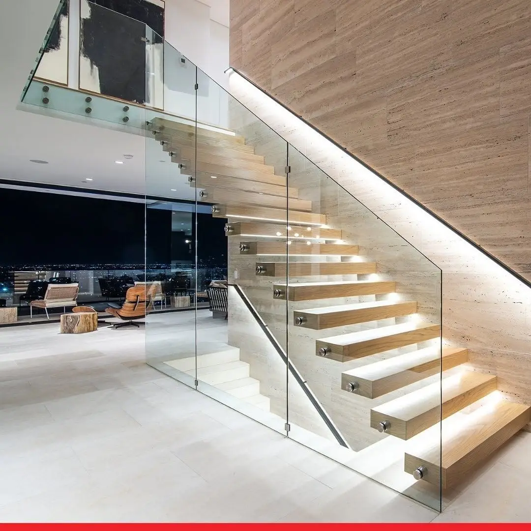 Modern LED wooden stairs stringer staircase wood treads stairs with glass