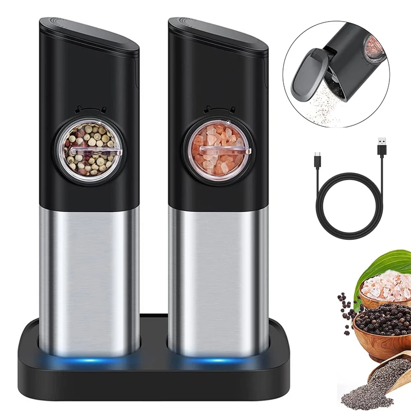 Hot Selling Automatic Spice Powder Grinder Mill USB Gravity Electric Pepper and Salt Grinder Set with Stand