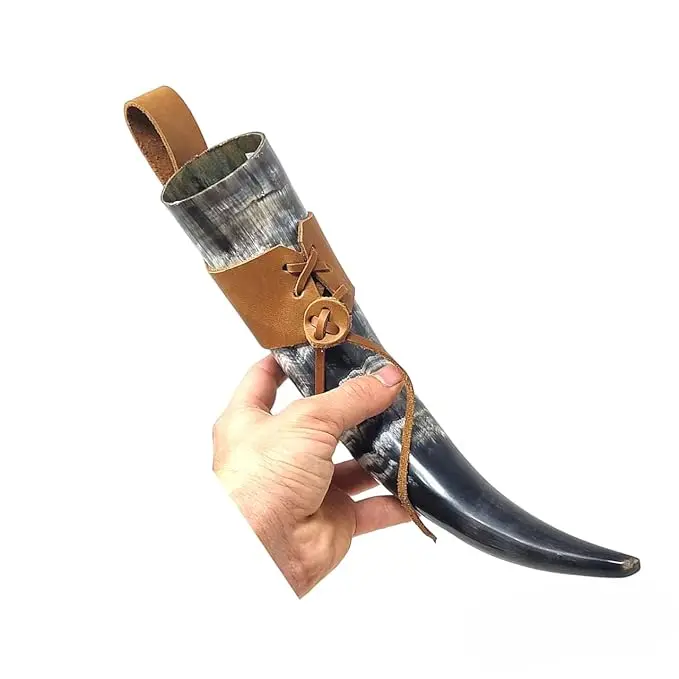 Handcrafted Viking Drinking Horn with Leather Strap Holder Hook for Beer Wine & Christmas Parties Drinking Use