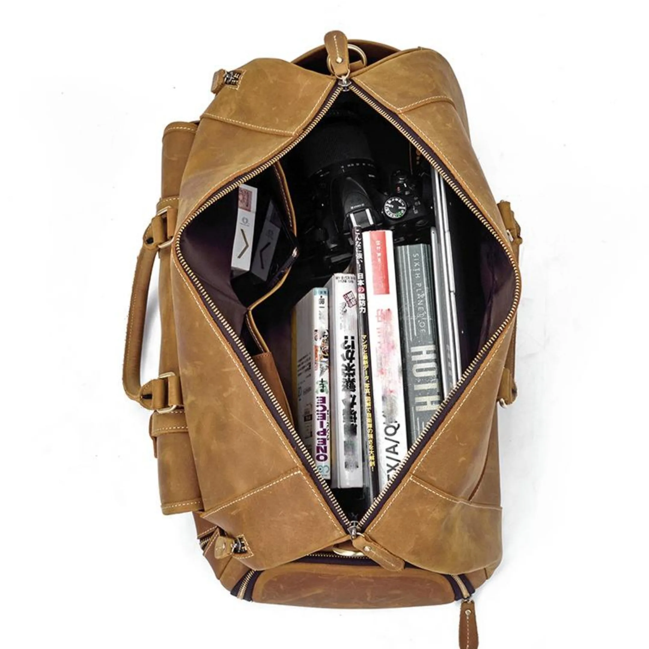 Premium Crazy Horse Genuine Leather Duffel Bag with YKK Zipper Shoe Compartment Luxury Weekender Business Travel Gym Vacation