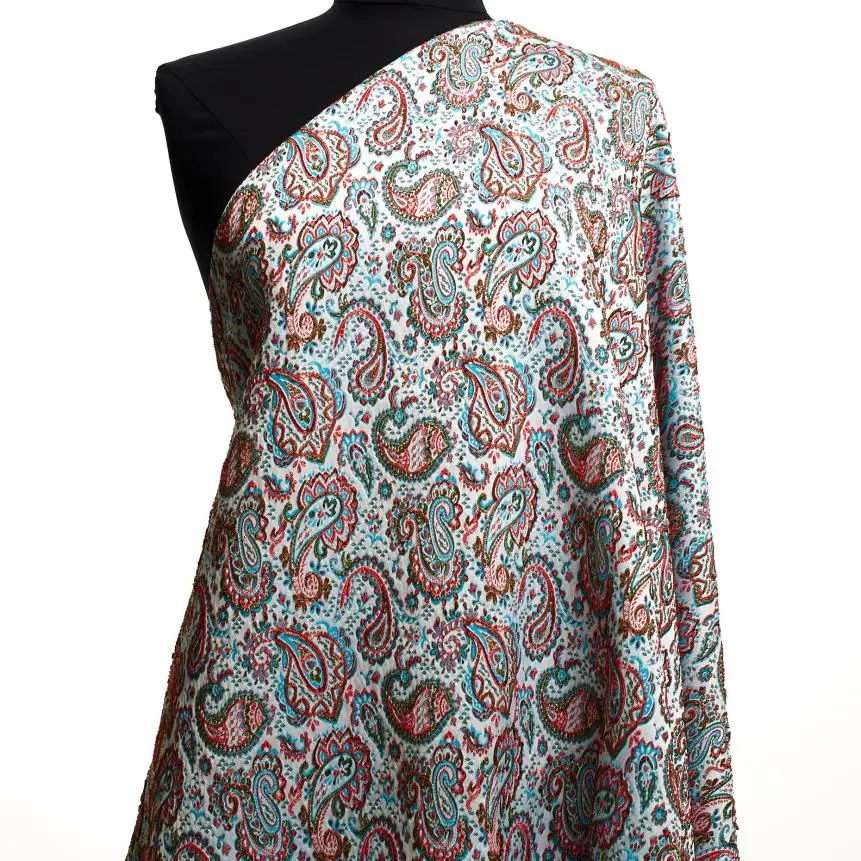 Luxury jacquard multi-color fabric with paisley design on white base