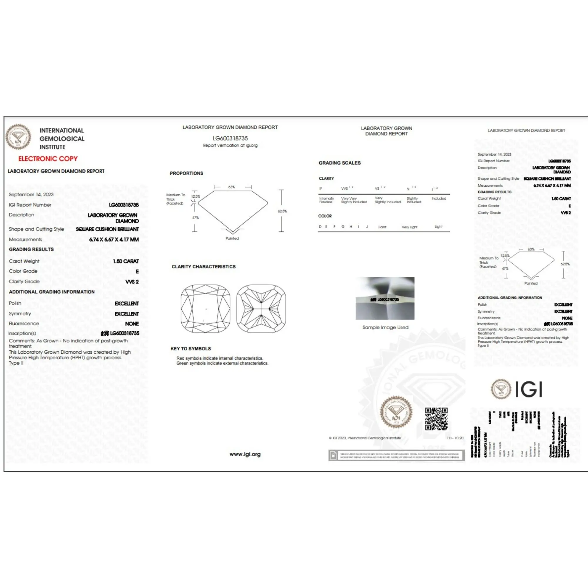1.50ct Cushion Brilliant Cut Lab-grown Diamond  IGI Certified  E Color  VVS2 Clarity  Lab-Stone