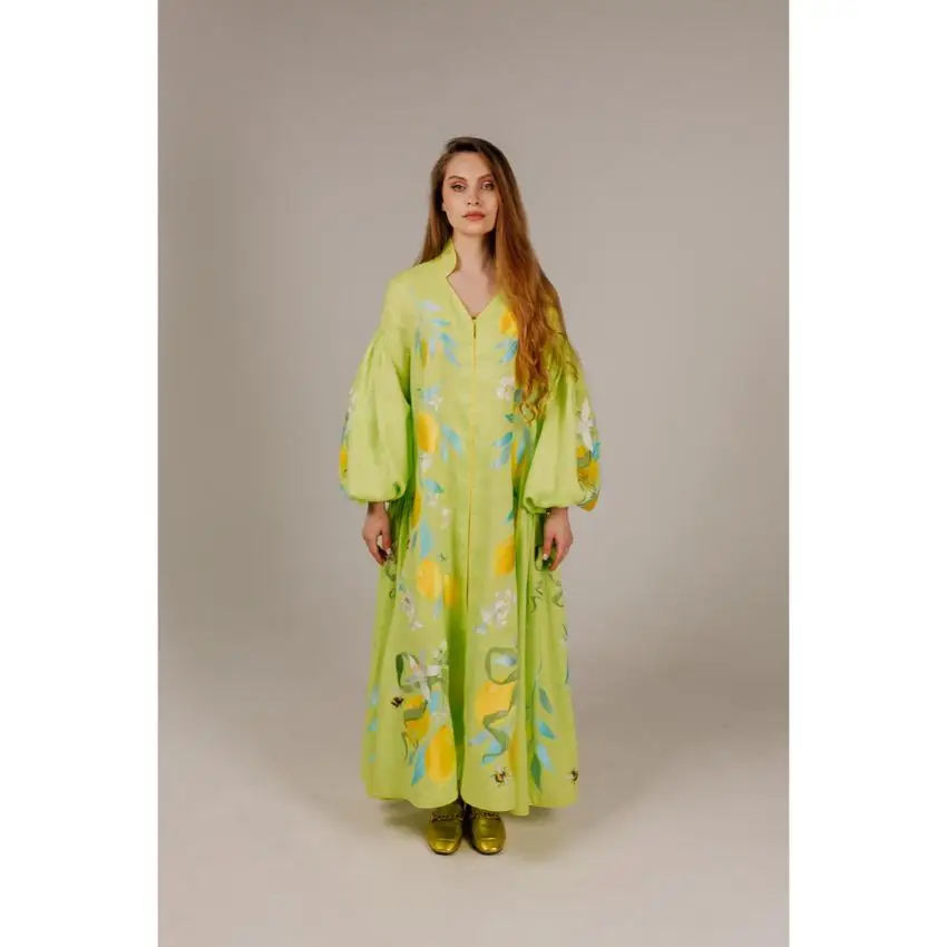 2024 Hot Selling Bohemian Casual Floral Embroidered Work Womens Vyshyvanka Deep V-neck Long Sleeve Sexy Linen Ukrainian Dress