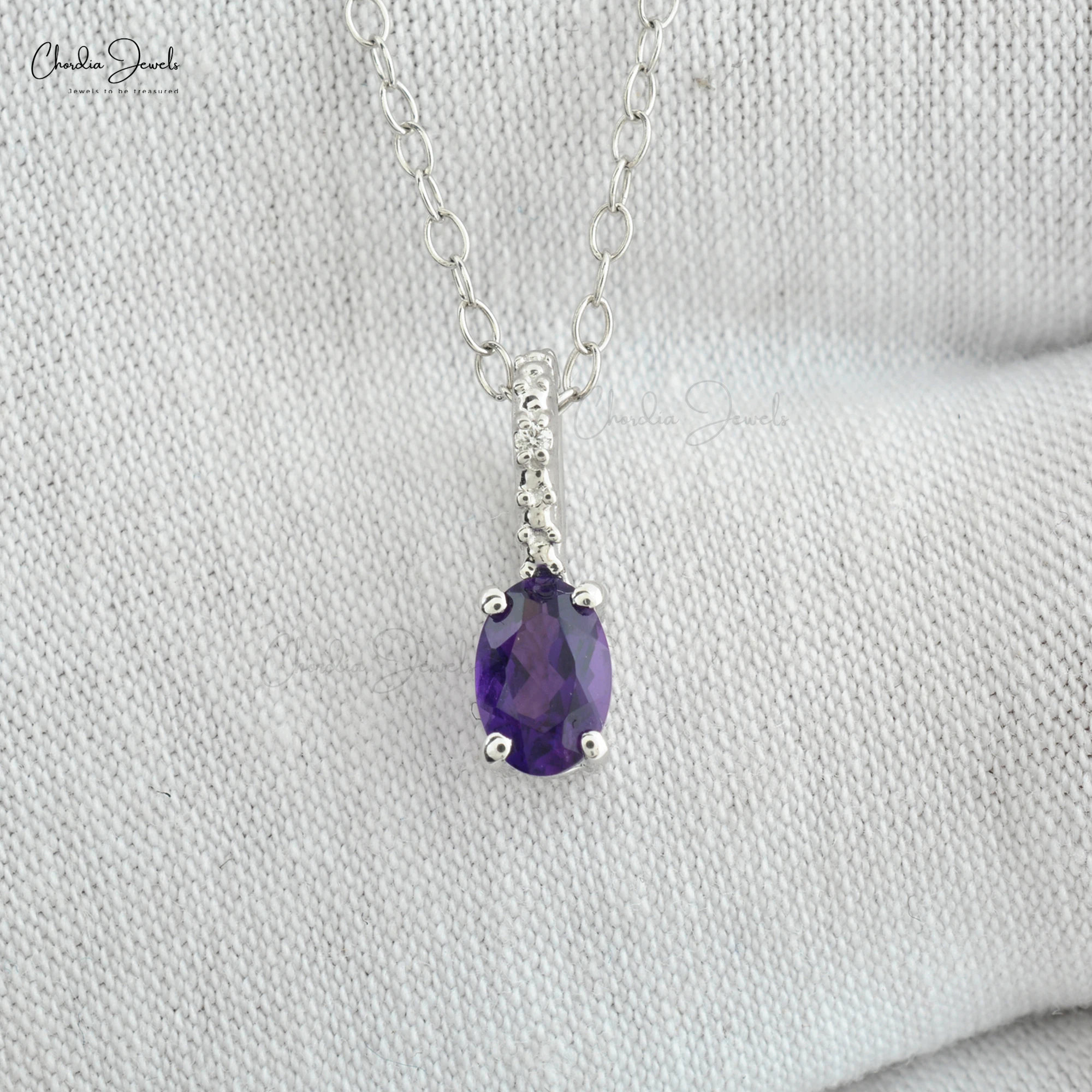 Trendy 14K Solid White Gold Pendant Necklace Natural Purple Amethyst White Diamond Hidden Bail Design Fine Jewelry Pearl Charm