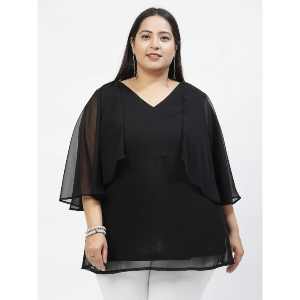 2024 NEW ARRIVAL CUSTOM BLACK PEPLUM TOP WITH CAPE SLEEVES ELEGANT CASUAL CLASSIC WOMEN TOP FOR SUMMER