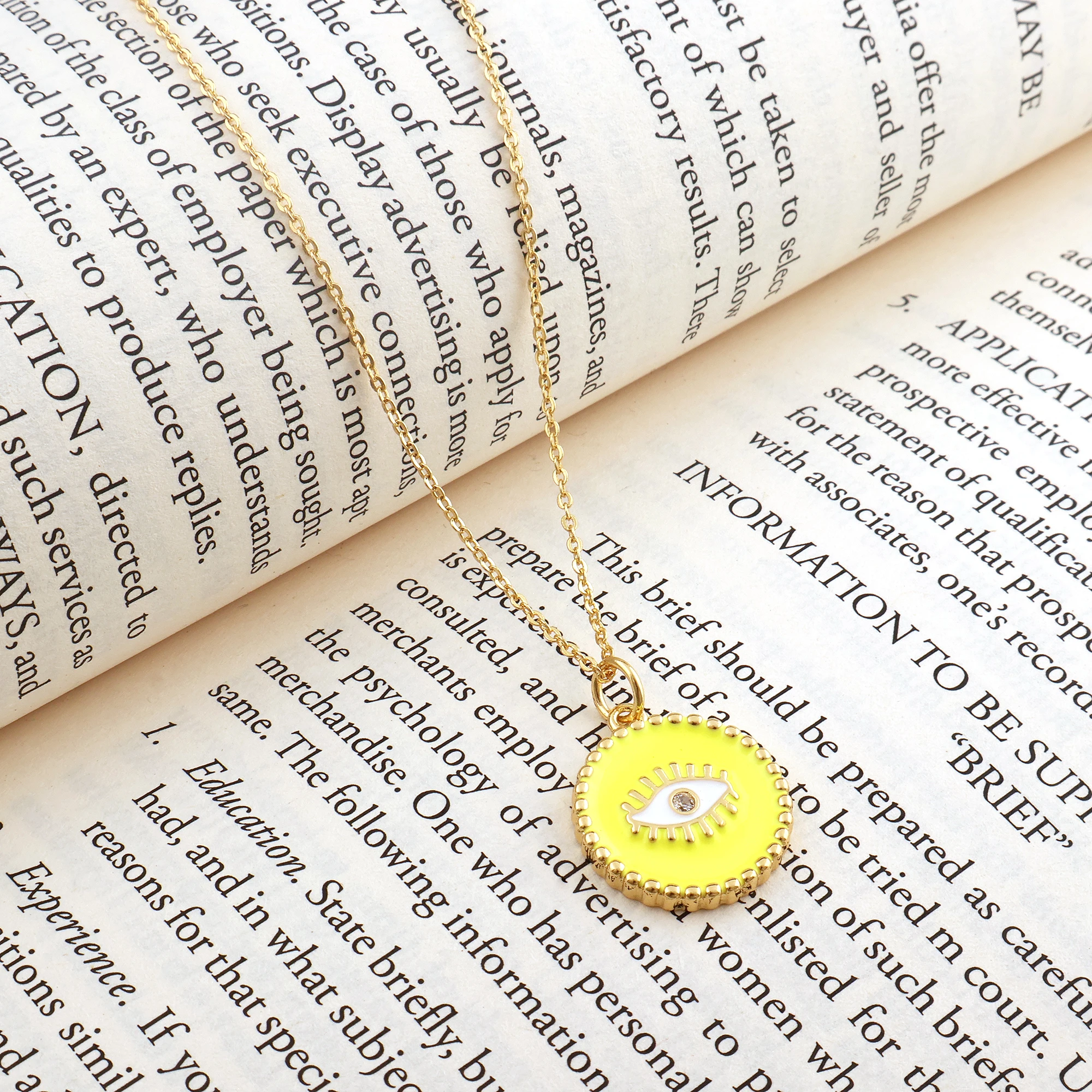 Protection Jewelry Round Coin Charms Turkish Eye Zircon Colorful Enamel Pendant Necklace 18k Gold Plated Cable Chain
