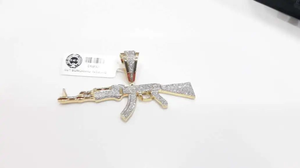 Customized Fully Iced Out  Rapper Charm with Round Diamond AK-47  Machine Gun Riffle Pendant