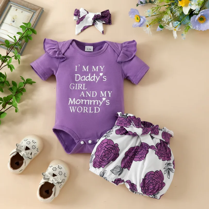 Baby Short Sleeve Triangle Romper Shorts Set Baby Girl Letter Summer Top Belt Flower Cute Pants