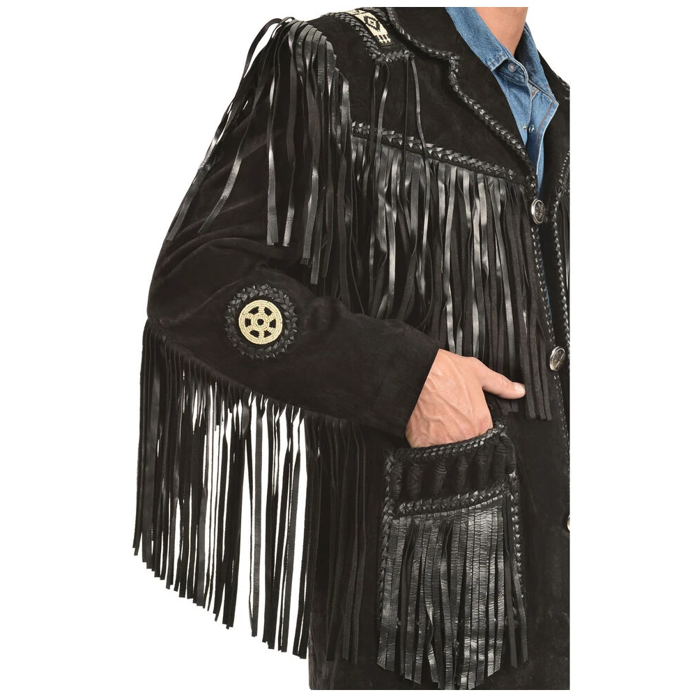 Cheap New Fashion Bones Beads Work Long Fringes Suede Leather men jacket Western Wear Men Cowboy Jacket Coat