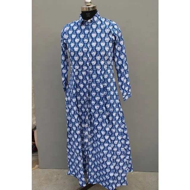 Indian Handmade Block Print Summer Dress With Pockets On Both Sides Long Kurti For Women