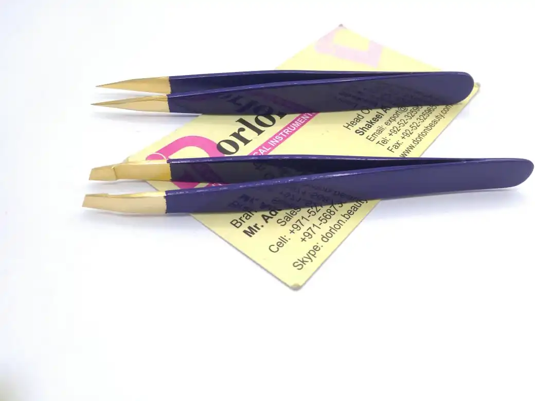 Gold Plated Tips With Blue Color Coated Eyebrow Tweezers Custom Logo Offer Professional Beauty Brow Tweezers With Spring Scissor