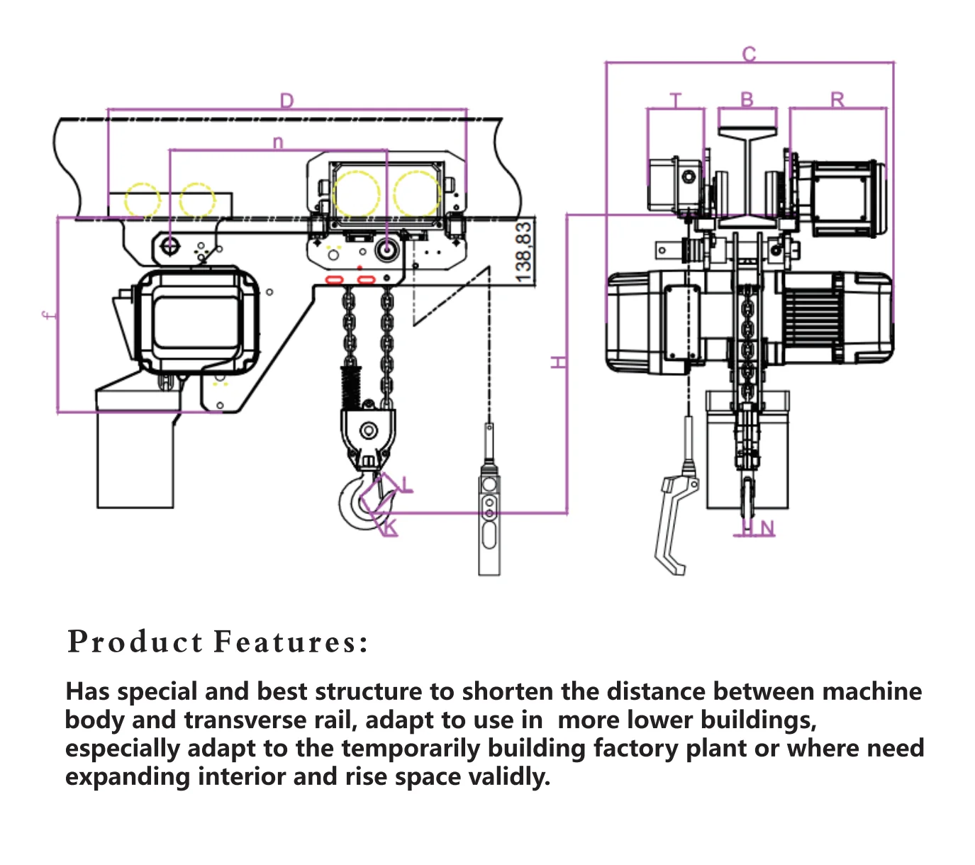 1ton 2 ton Customized 220v 380V motor drive high speed Low clearance Low-Headroom electric chain hoist