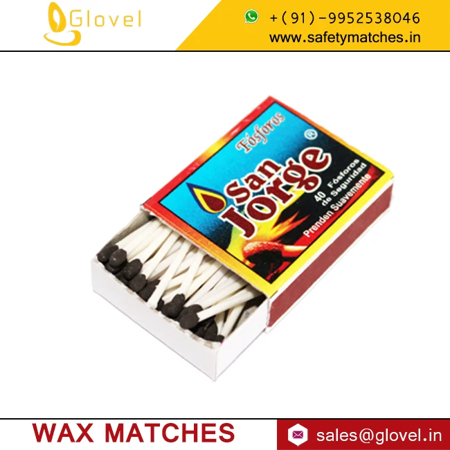 Hot selling 53 X 37 X 11 mm Lighter wax matches with 40 Sticks Carton Box Packing Export at Factory Price from India