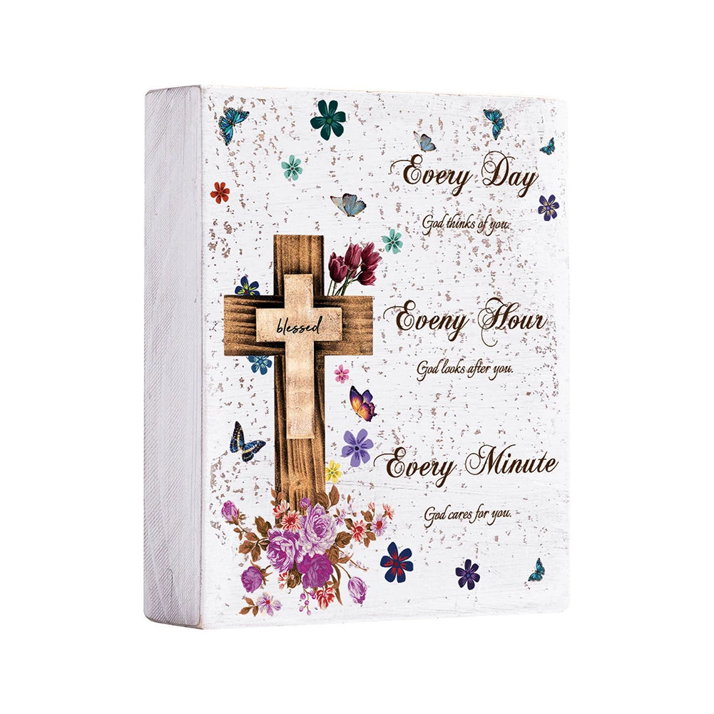 OKSQW Rustic Wooden Block Signs Gifts Wood Block with Classic Cross For Home Decor