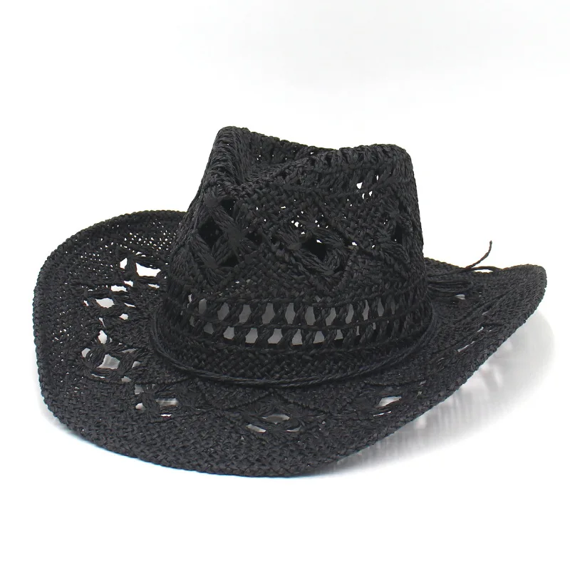 Unisex American Style Cowboy Hat Spring Summer Hand-Woven Straw Jazz Hat Hollow Design Breathable Cool Fishing Outdoor