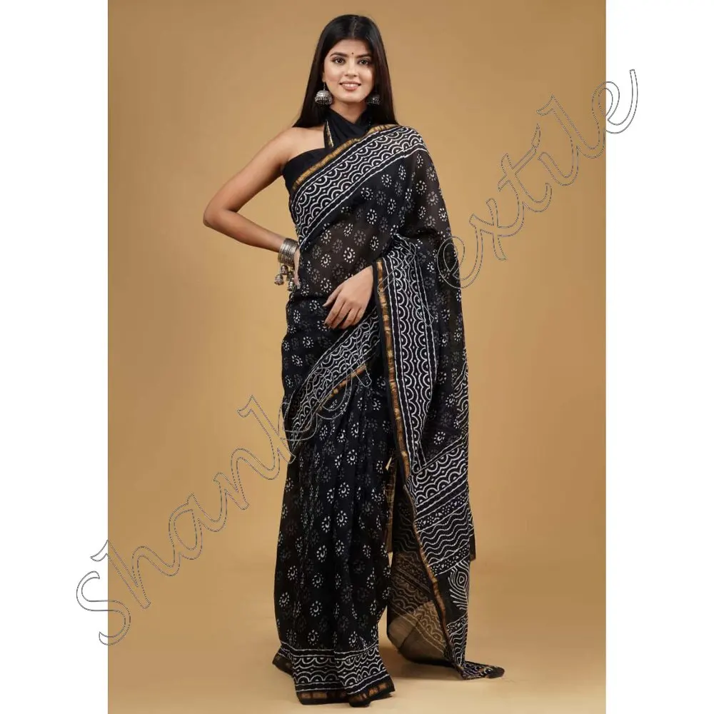 Chanderi Silk Saree Indian with Blouse Block Printed for Woman Eco-friendly Adults India & Pakistan Wedding Dress Support 100