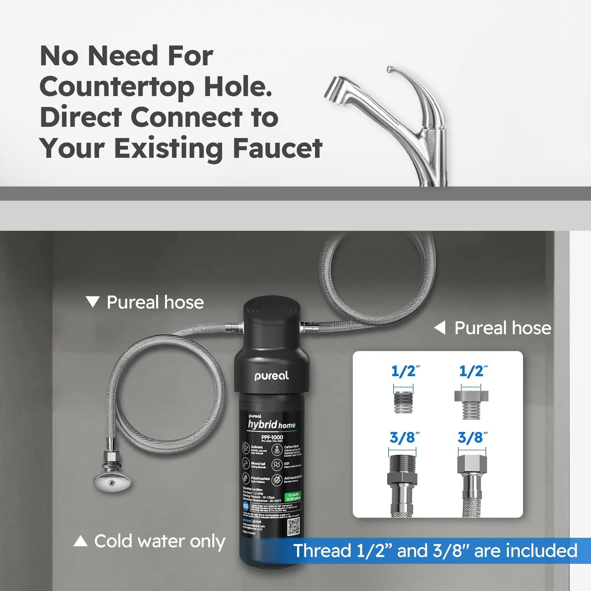 Pureal Hybrid Home PPU-1000D Under Sink Water Filter System, 10K Gallons, NSF/ANSI 42&372, Mineral Sediment Carbon Block