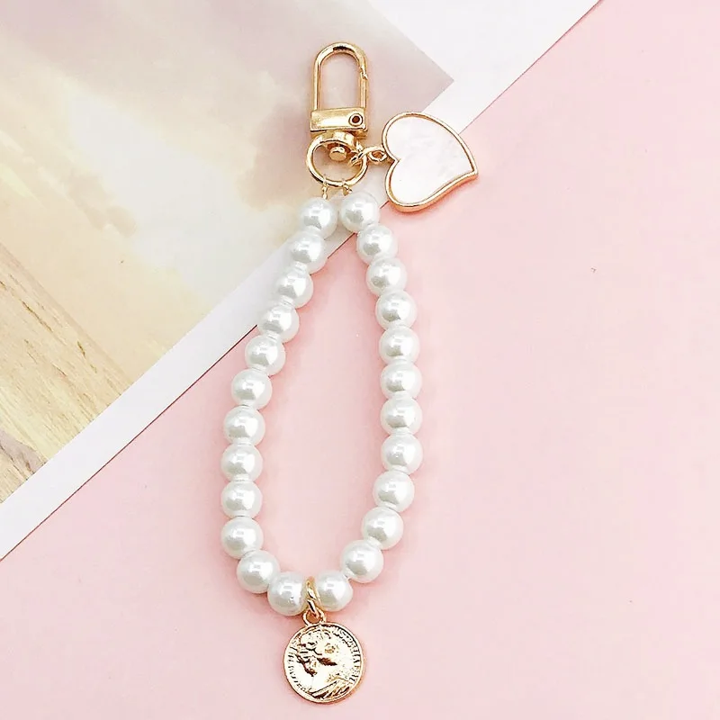 New Fashion Pearl Keychain Bracelet for Women Beaded Keyring Wristlet House Car Keys Ring Rabbit pendant key chain