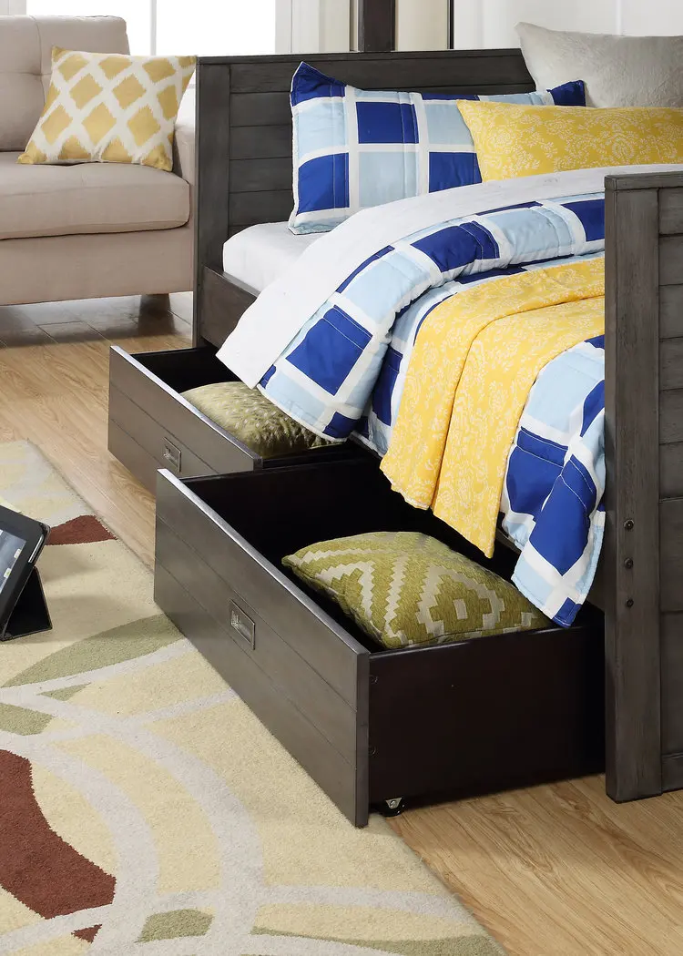 The Dylan bunk beds with stairs feature 6 open-concept bookshelves on the end and manages to retain a classic look