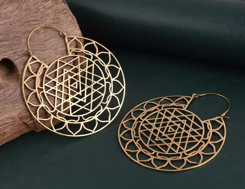 Sri Yantra Big Gold Hoop Earrings Brass Sacred Geometry with Tribal Design Huge Creole Gypsy Hoops for Fashion Jewelry