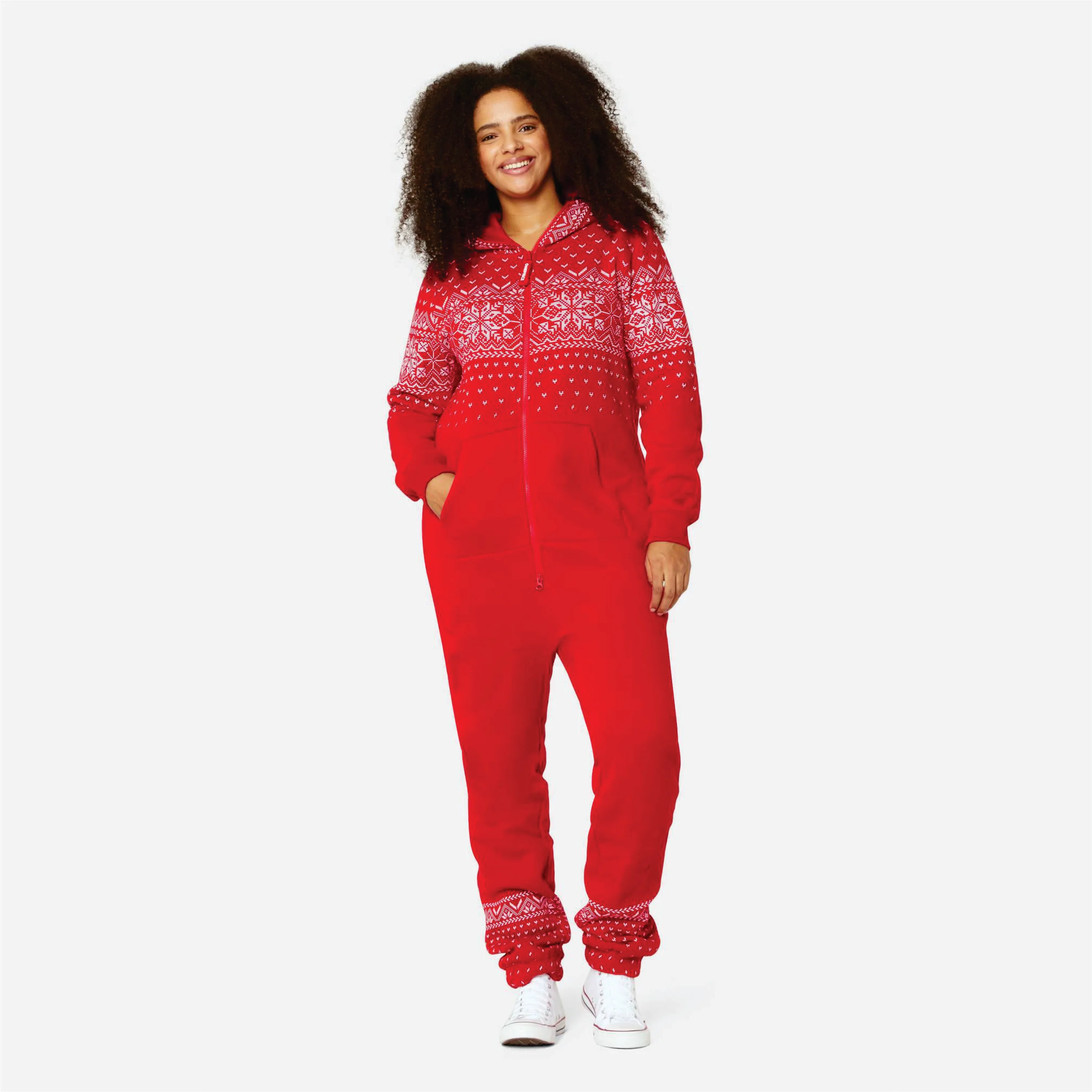 Print Detail and Embroidered Logo 50% Polyester 50% Cotton Side Pockets with Zipper Closure Unisex Red Alpine JumpsuitBreathable