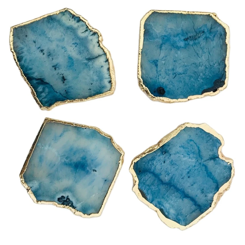 Amazon Bestseller Hot Selling Natural Blue Black Agate Crystal Slice Holder Coaster Gold Trim Drinks Cup Holder Gift Set