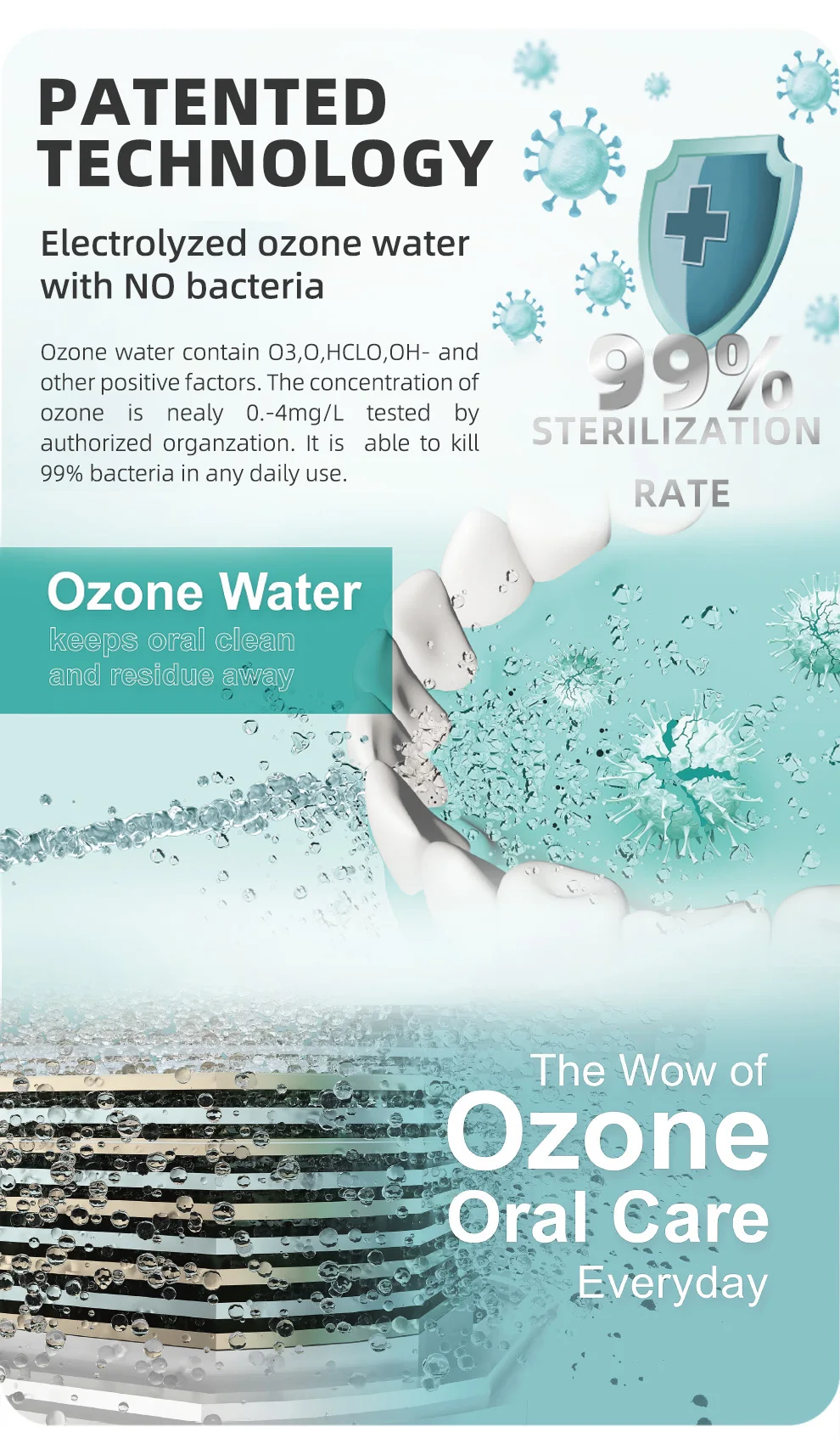 Electrolytic Ozone Hydrogen Micro Nano Bubbles Ozone Electric Water Flosser  disinfectant by electrolysis of water and salt