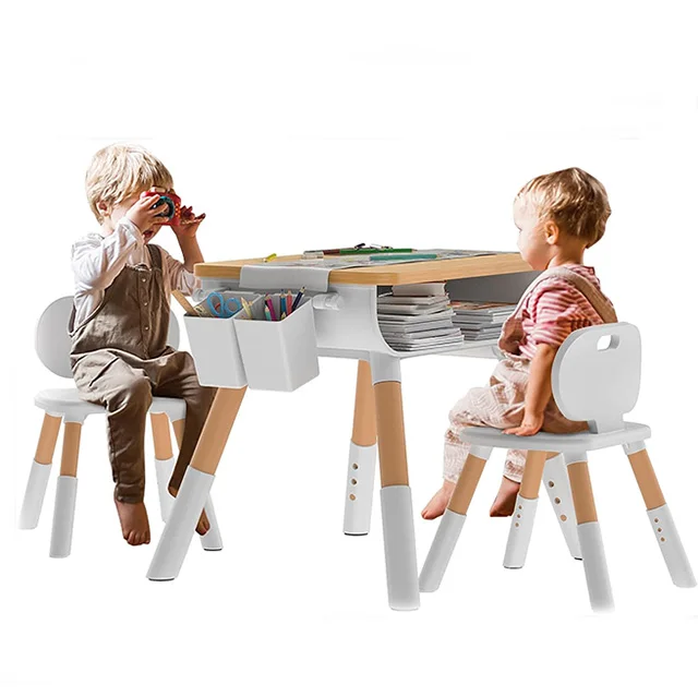 Height adjustable wooden study table tables and chairs for kids children