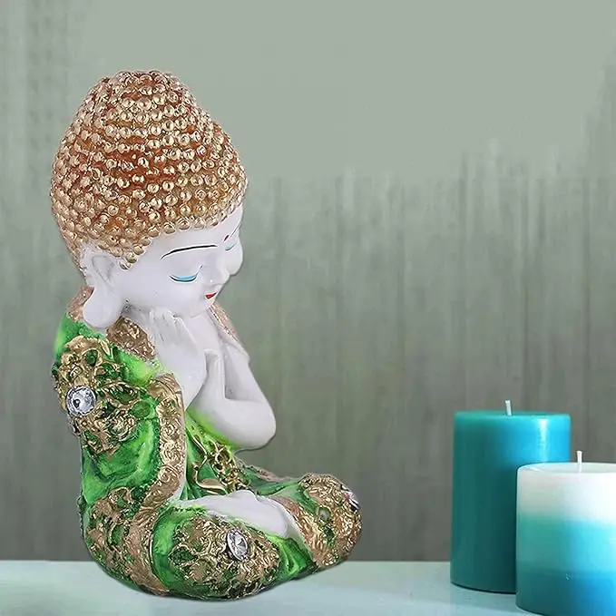 Positive Praying Baby Buddha Statue Religious Figurine for Home Decorative Showpiece Buddha Sculptures Size 20Cm Blue Resin